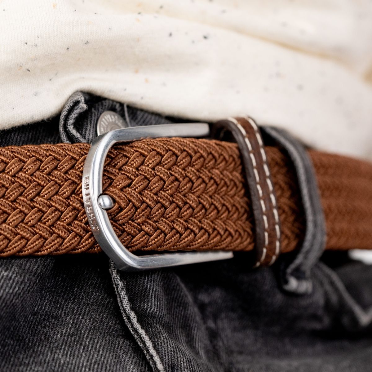 Plain elastic woven belt - Camel brown