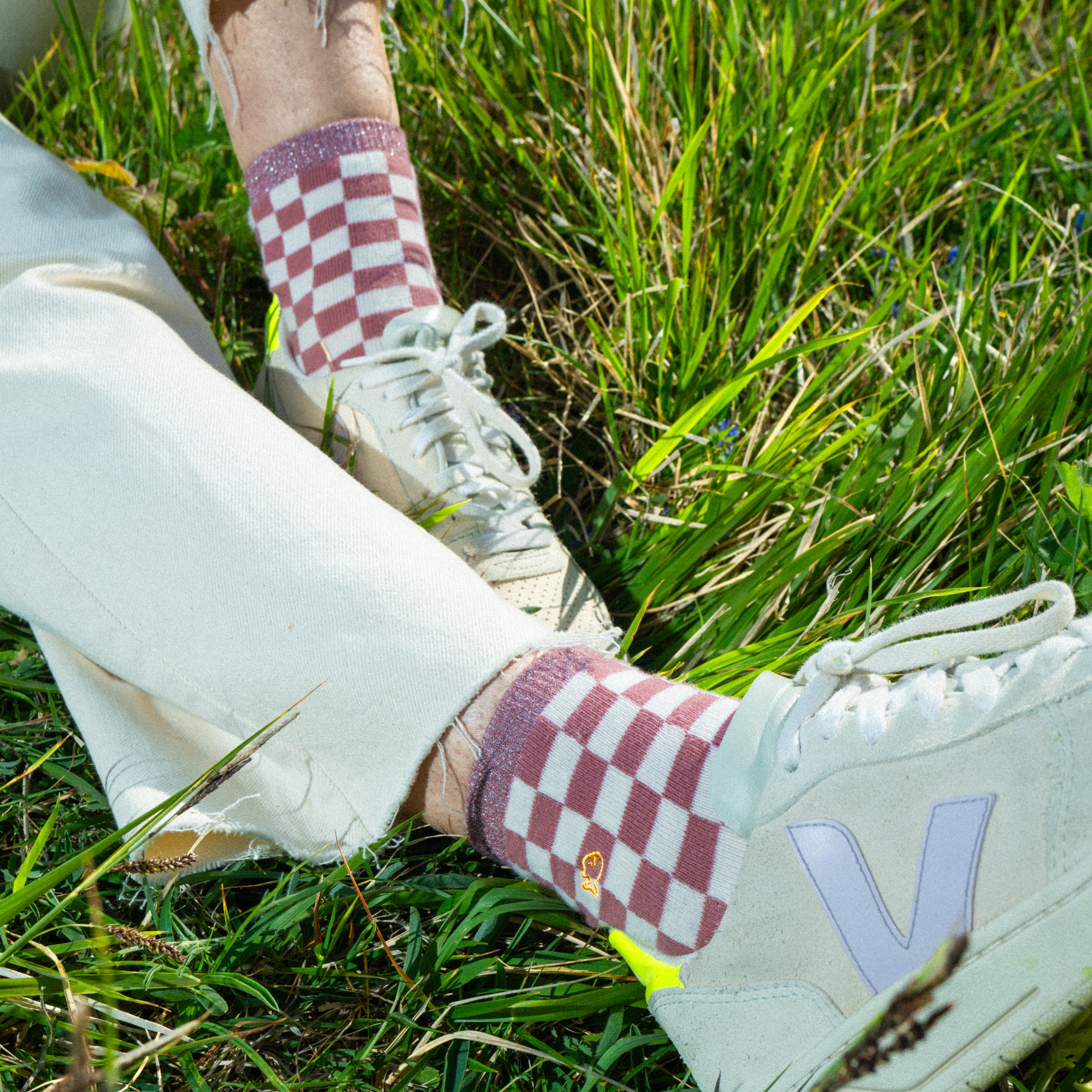 Checked combed cotton socks - Pale pink and ecru