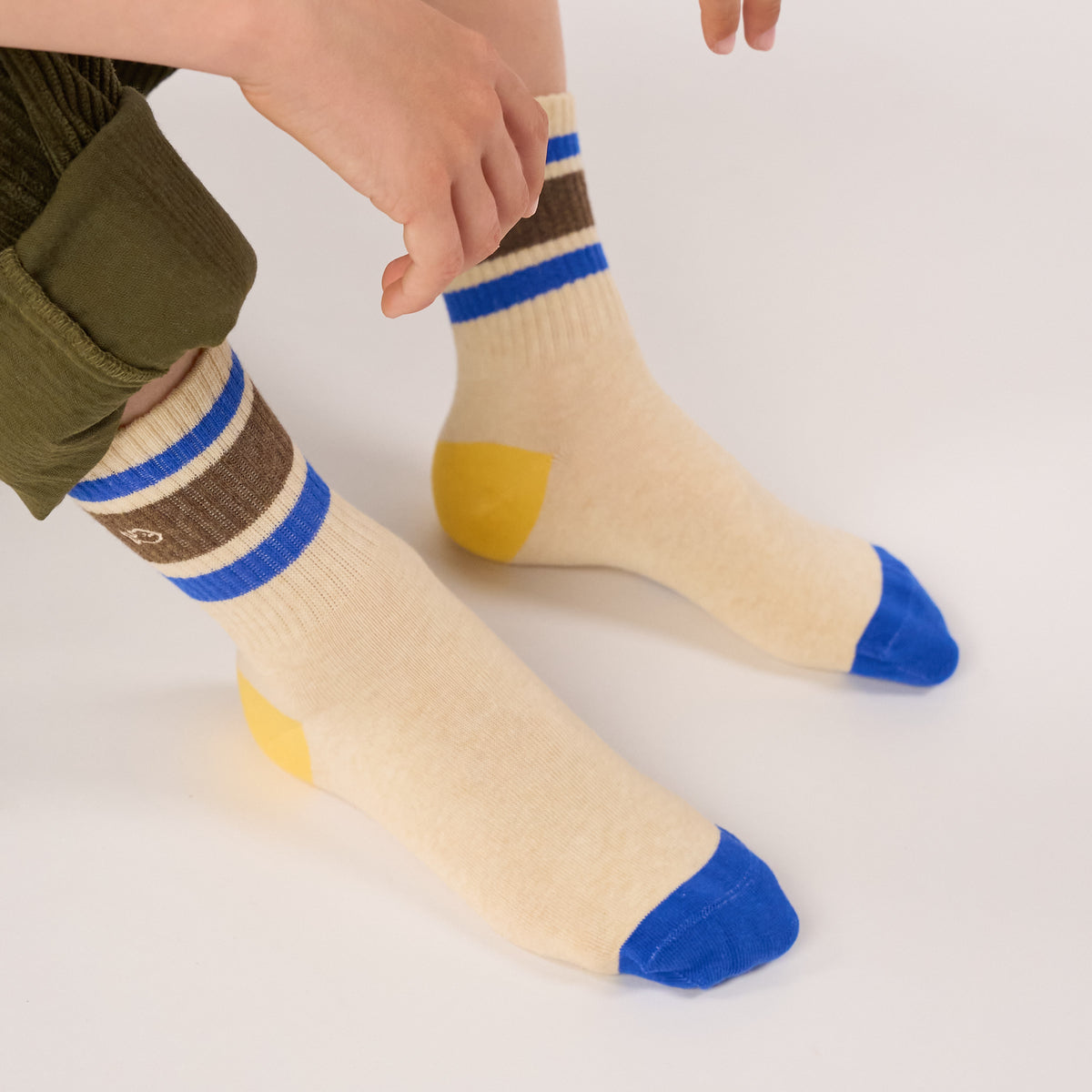 Chaussettes enfant retro - Beige, rayé bleu et marron