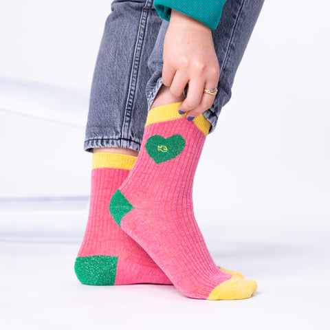 Heart combed cotton socks - Pink and green