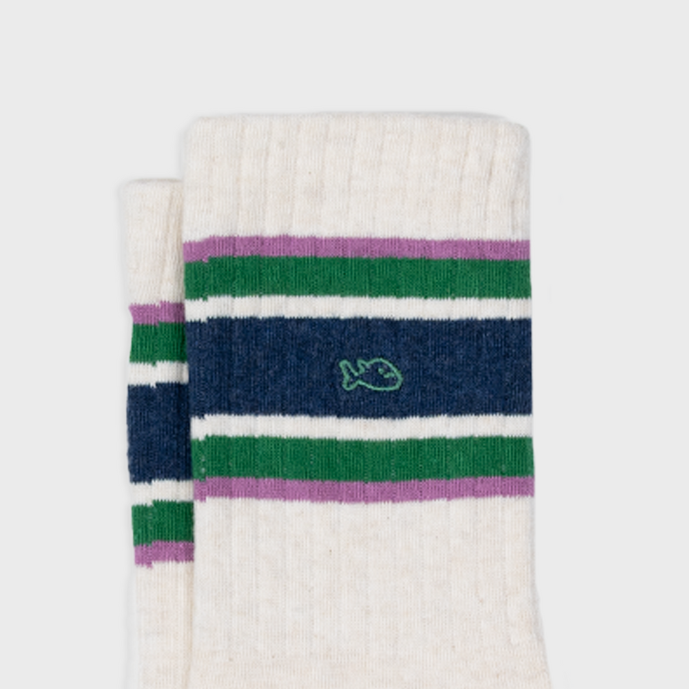 Retro combed cotton socks - Beige, navy, green and purple striped