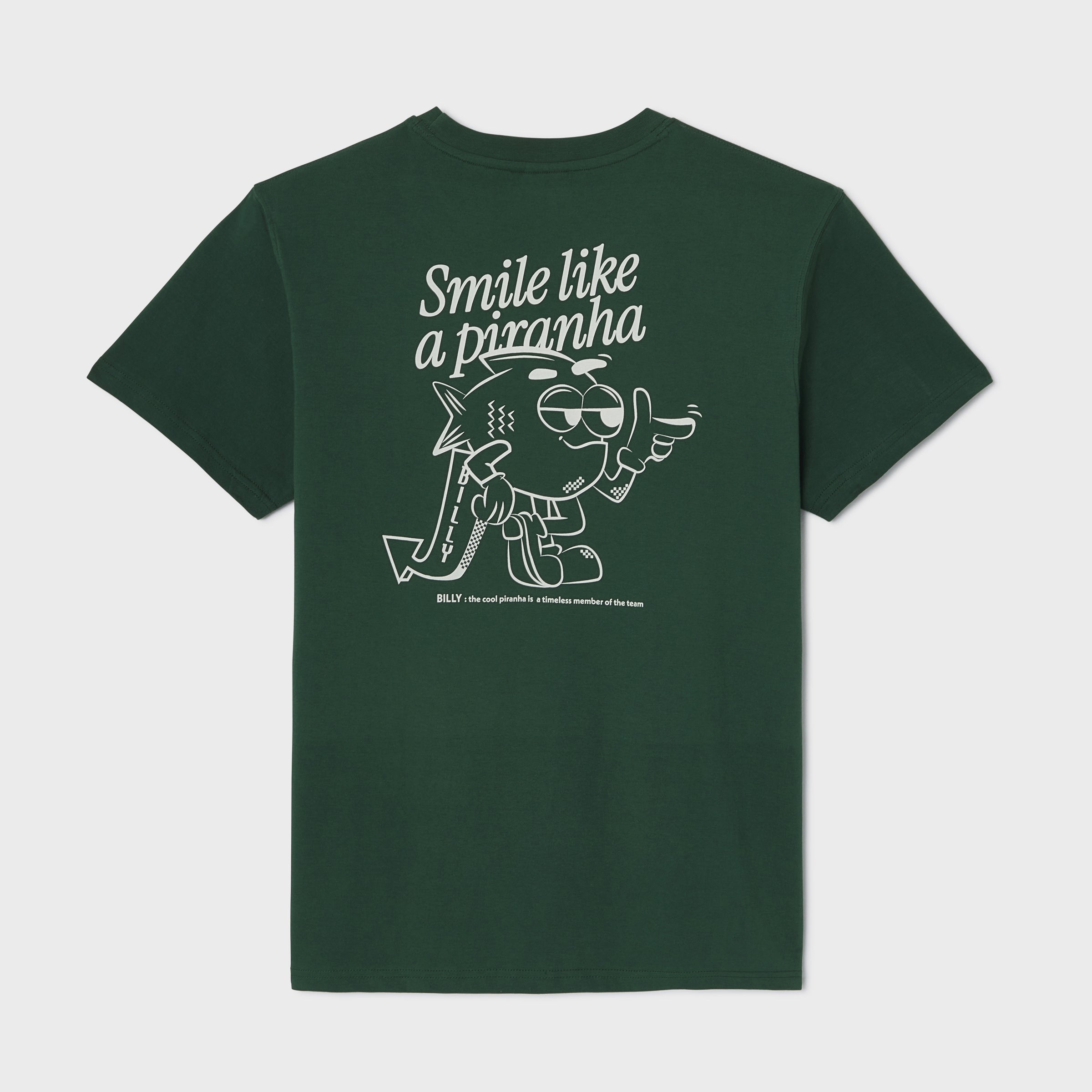 100% organic cotton t-shirt BILLY - Green, "Smile like a piranha" print